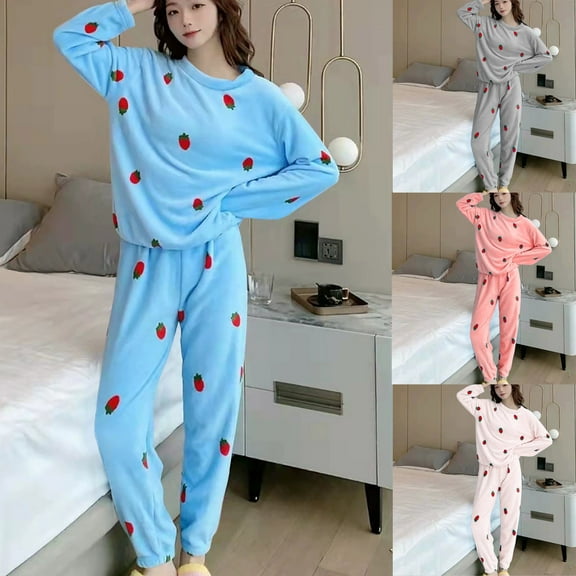 Yeaiivve Women's Fuzzy Fleece Pajamas Set 2 Piece Winter Warm Cute Strawberry Printed Loungewear Sleepwear Ladies Soft Pjs Lounge Set Gray L
