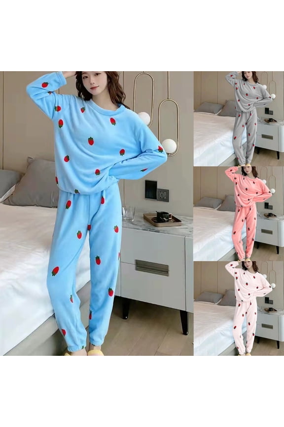 Women's Fuzzy Fleece Pajamas Set 2 Piece Winter Warm Cute Strawberry Printed Loungewear Sleepwear Ladies Soft Pjs Lounge Set Pink L
