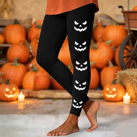 Yeaiivve Women's Halloween Leggings Pumpkin Face Graphic Skinny Pants Seamless Stretchy High Waist Yoga Pant Buttery Soft Milk Silk Workout Bottoms XL