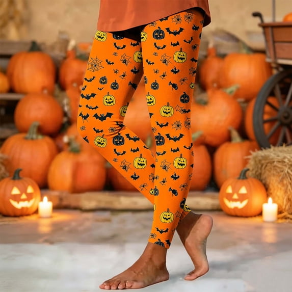 Yeaiivve Women's Halloween Print Leggings Pumpkin SpiderWeb Bat Graphic Tights Buttery Soft Elastic Waisted Yoga Pants Novelty Cartoon Printed Legging L