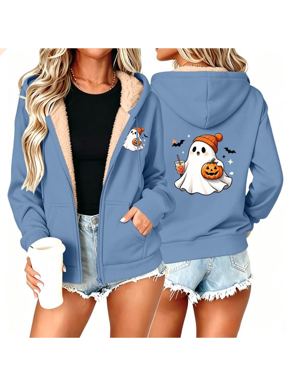 Women's Halloween Zip Up Hoodie Oversized Sherpa Lined Hooded Jackets Ghost Printed Long Sleeve Drawstring Sweatshirt Jacket with Pockets L
