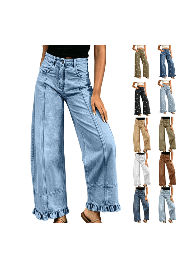 Women's High Waisted Wide Leg Jeans Ruffled Hem Front Seam Barrel Denim Pants Fashion Vacation Streetwear Coffee,S