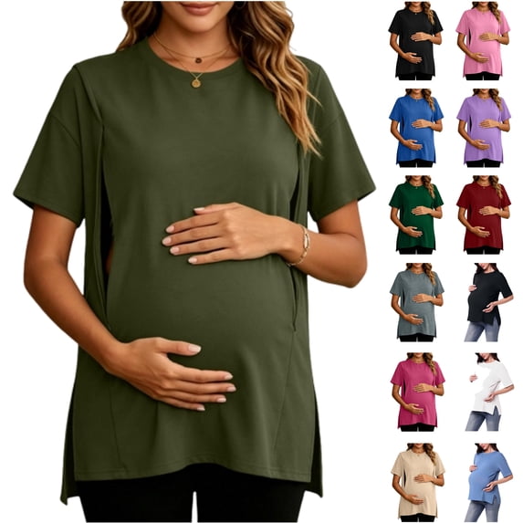Yeaiivve Women’s Maternity Shirts Short Sleeve Split Side Pregnancy Tee Tops Zipper Casual Pregnant Women Tunic Blouse Mama Clothes White L