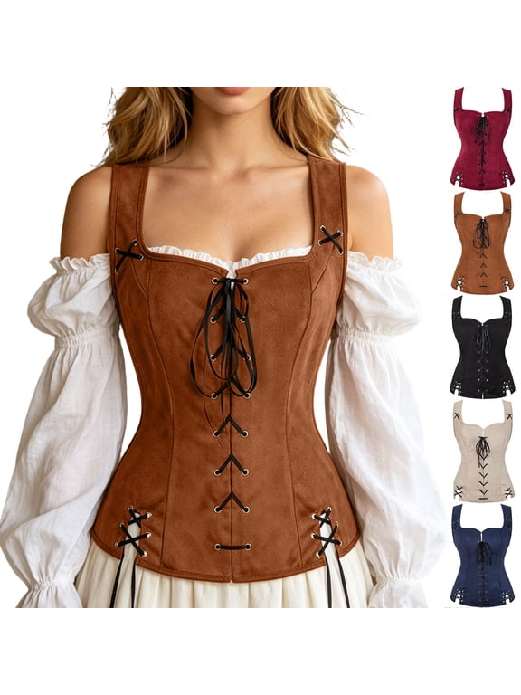 Women's Renaissance Corset Faux Suede Lace Up Overbust Corsets Wide Strap Medieval Pirate Bodice Halloween Cosplay Costumes Coffee 3XL