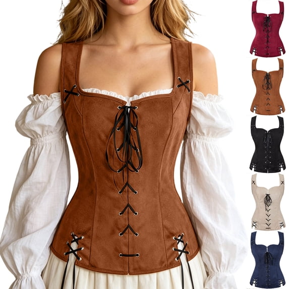 Yeaiivve Women's Renaissance Corset Faux Suede Lace Up Overbust Corsets Wide Strap Medieval Pirate Bodice Halloween Cosplay Costumes Navy M