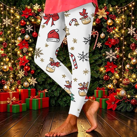 Yeaiivve Women's Workout Leggings Christmas Cartoon Printed Yoga Pants Comfy High Waisted Skinny Pant Winter Holiday Party Legging White M
