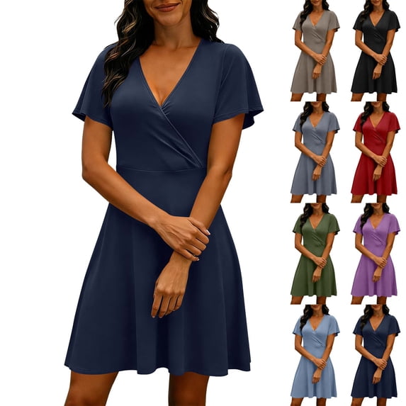 Yeaiivve Womens Casual Dresses Flowy Wrap V Neck Mini Dress A-Line Ruffle Sleeve Elegant Sundress Summer Fashion 2026 Red,S
