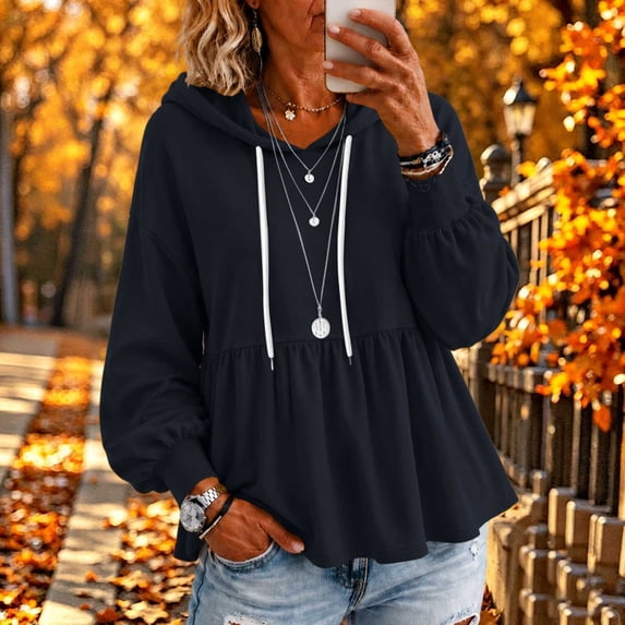 Yeaiivve Womens Cute Hoodies Ruffle Hem Casual Pullover Hoodie Relaxed Fit Drawstring Hooded Babydoll Tops for Weekend Outings 3XL