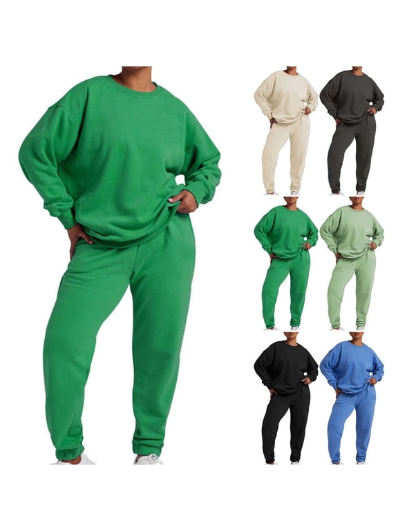 Womens Fleece Sweatsuit 2 Piece Casual Track Suits Long Sleeve Crewneck Sweatshirt and Jogging Sweatpants Matching Set Green M