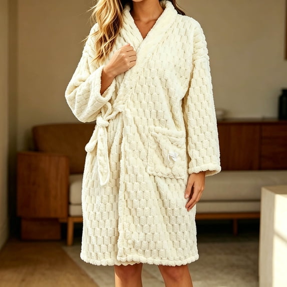 Yeaiivve Womens Fuzzy Fleece Robes Long Sleeve Quick Dry Absorbent Warp Robe Winter Comfy Plush Cute Sleepwear with Pocket White Free Size