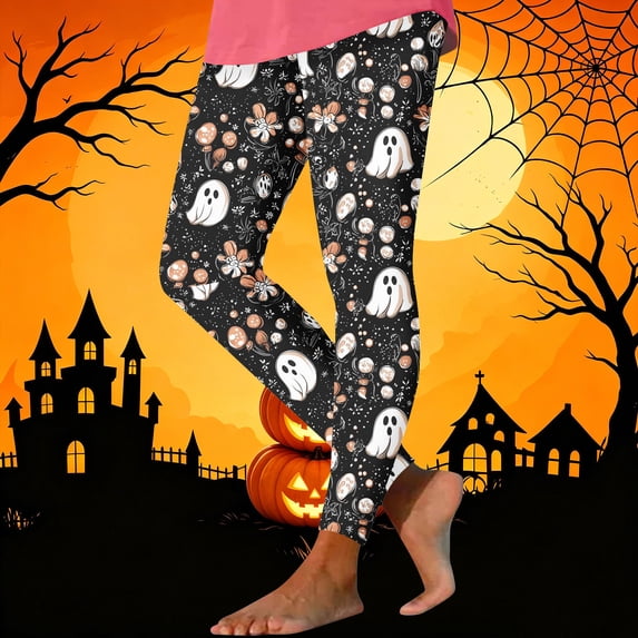 Yeaiivve Womens High Waisted Leggings Halloween Cartoon Ghost Print Tight Pants Soft Stretch Milk Silk Workout Legging Holiday Party Costumes S