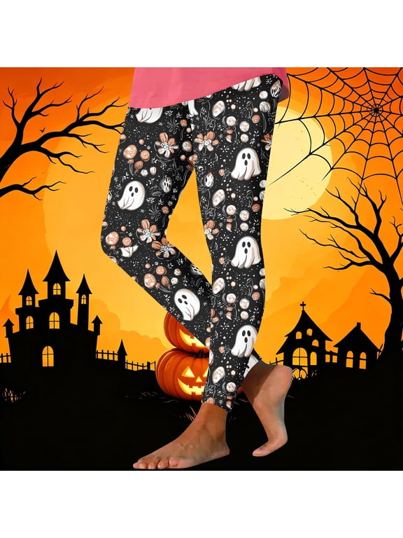 Womens High Waisted Leggings Halloween Cartoon Ghost Print Tight Pants Soft Stretch Milk Silk Workout Legging Holiday Party Costumes S