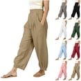 thumbnail image 1 of Yeaiivve Womens Linen Wide Leg Pants Baggy Elastic Waist Barrel Pants Lounge Beach Palazzo Harem Pants with Pockets Khaki S, 1 of 7