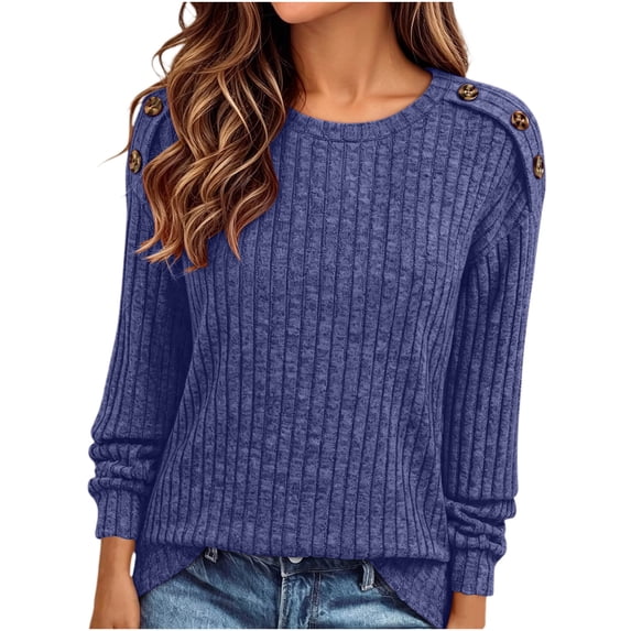 Yeaiivve Womens Long Sleeve Ribbed Knit Blouse Crew Neck Button Shoulder Pullover Sweaters Dressy Business Work Knitted Shirts 2026 Fall Fashion Clothes M Purple