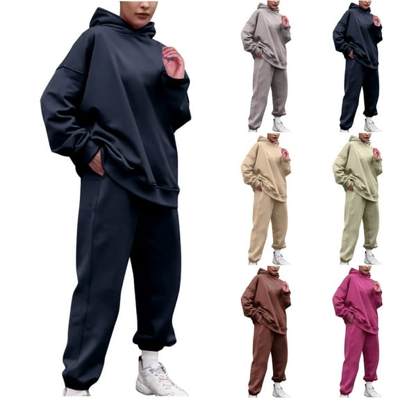 Yeaiivve Womens Lounge Sweatsuit Sets 2 Piece Fall Outfits Oversized Pullover Hoodie and Jogging Sweatpants Y2K Tracksuit Brown M