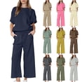 thumbnail image 1 of Yeaiivve Womens Lounge Sweatsuit Sets Oversized Short Sleeve Tops and Drawstring Long Pants 2 Piece Matching Set Beige XL, 1 of 8