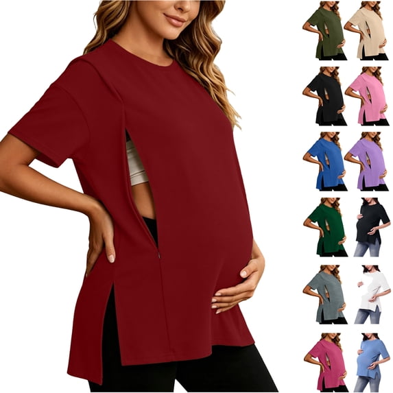 Yeaiivve Womens Maternity Tops for Nursing Short Sleeve Breastfeeding T-Shirt Loose Fit Split Hem Pregnancy Blouse Khaki 3XL