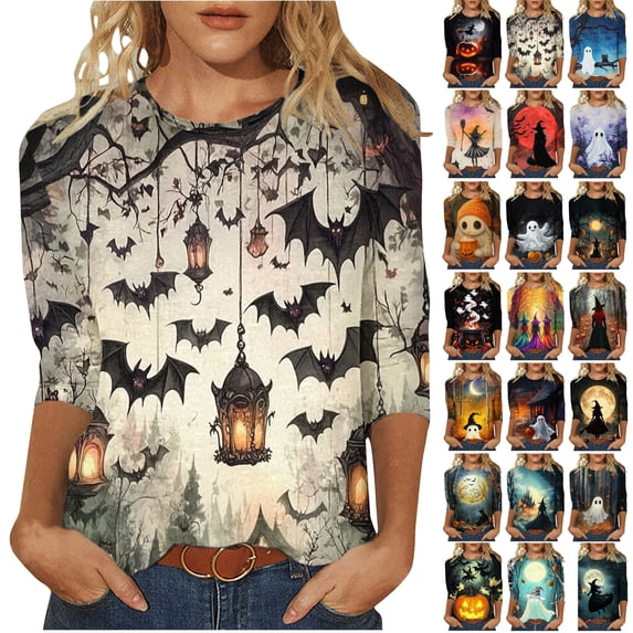 Yeaiivve Womens Plus Size Halloween Graphic Tees Cute Ghost Pumpkin Witch Printed Loose Fit T-Shirts Holiday Casual 3/4 Sleeve Round Neck Blouse White S