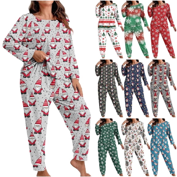 Yeaiivve Womens Plus Size Pajama Sets 5 Piece Lounge Set Christmas Print Long Sleeve T-shirt and Jogger Pants Pj Loungewear Sets Gray XXL