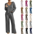 thumbnail image 1 of Yeaiivve Womens Ribbed Knit Pajamas 2 Piece Lounge Set V Neck Long Sleeve Tops and Pants Matching Sets Purple S, 1 of 8