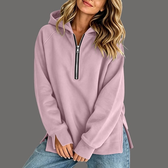 Yeaiivve Womens Side Slit Hoodie Quarter Zip Raglan Long Sleeve Pullovers Comfy Lightweight Fall Hoodies Daily Casual Hooded Tops L