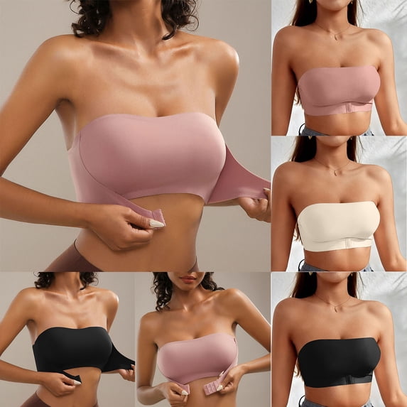 Yeaiivve Womens Strapless Bandeau Bra Front Closure Padded Tube Top Seamless Bandeau No Show Comfort Lift Lingerie Pink,L