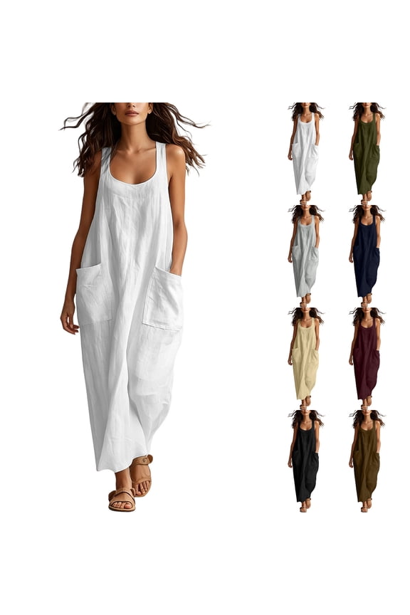 Womens Summer Dress Square Neck Sleeveless Maxi Dresses Comfy Gauze Cotton Dress with Pockets 2026 Boho Loose Flowy Long Dress Gray,XXL