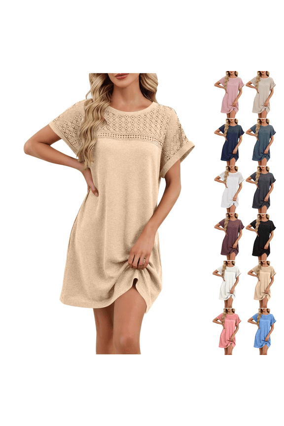 Womens Waffle Knit Dress Lace Patchwork Short Sleeve Sun Dress Crewneck Summer Cacaul Loose Solid Loungewear Red,XL
