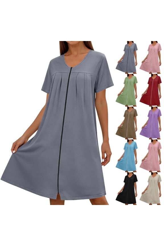Womens' Zipper Robe Short Sleeve Bathrobes Summer Sleepwear Soft Housecoat with Pockets Zip Up House Robes Blue,L
