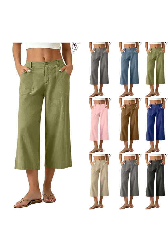 Work Capri Pants for Women Casual Straight Leg Capris Buttons Up Business Office Fashion Cropped Trousers with Pockets Coffee,S