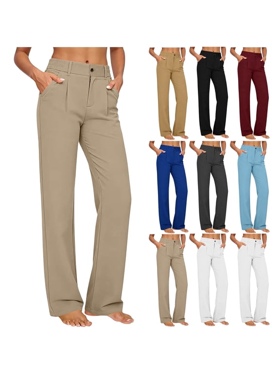 Work Pants Women Straight Leg High Waist Dress Pant Business Office Slacks Stretchy Casual Loose Fit Trousers with Pockets Black,L