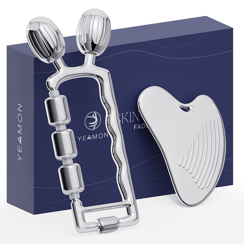 Yeamon Face Roller for Skin Care, 3-in-1 Facial Massager with Cooling Metal, Under Eye Roller for Puffiness, Jawline & Cheek Massage Tool, Gua Sha Set for Women