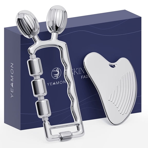 Yeamon Face Roller for Skin Care, 3-in-1 Facial Massager with Cooling Metal, Under Eye Roller for Puffiness, Jawline & Cheek Massage Tool, Gua Sha Set for Women