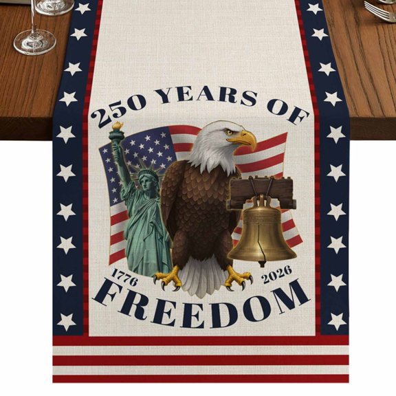 Year American Anniversary Flag Burlap Cotton Table Runner 13x48 Inches Long, Eagle USA Flag Farmhouse Table Runners, Outdoor Dining Table Decor for Baby Shower/Party/Wedding