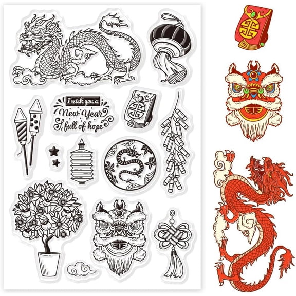 Year of The Dragon Patterns Clear Stamps for Card MakingLantern Rubber Stamps Transparent Paper Craft Stamps for DIY Scrapbooking Stamps Spring Festival Decoration Paper Photo Card