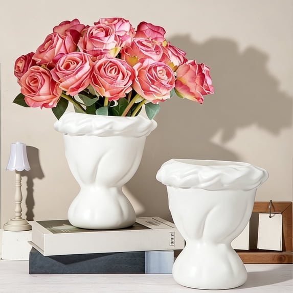 Year of The Horse 4L European Style Curved Mouth Vase Elegant Ceramic Flower Pot for Home Living Room Office Tabletop Floral Arrangement Valentine's Day Display Easter Home Decor, White