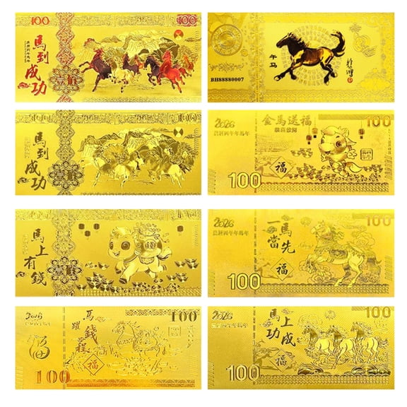 Year of the Horse Commemorative Banknotes 8 Pieces Gold Foil Lucky New Year Gifts for Home Office Decoration Souvenir Festival Collectible Red Envelope Insert Gifts for Spring Festival Lunar New Year