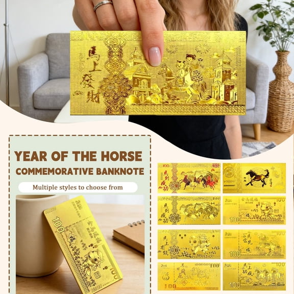 Year of The Horse Gold-Foil Commemorative Banknotes, 8 Unique designs, Lucky Themed Collectible Bills, Festive Gifting for Lunar New Year, Housewarmings, and Special Occasions,