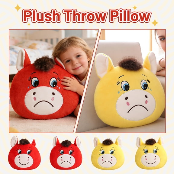 Year Limited Edition 2-in-1 Horse Head Plush Pillow, Happy & Angry Double-Sided Expression Cushion, Soft Stuffed Animal Pillow for Kids, Bedroom Sofa Car Decorative Pillow, 2 Colors Available