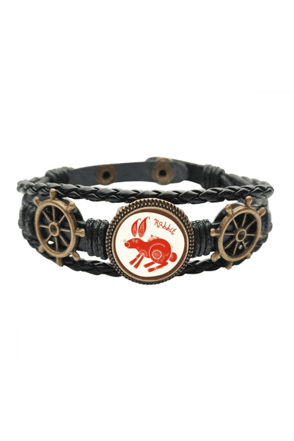 Year Of Rabbits Animal China Zodiac Red Leather Braided Ocean Bracelet Wristband