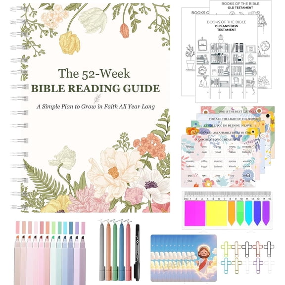 A Year of  Study Kit- 52-Week Scripture Reading Journal Set, Christian Devotional Planner for Women, Guided Faith Notebook (Flower M (5.5 x 8.25 inch))