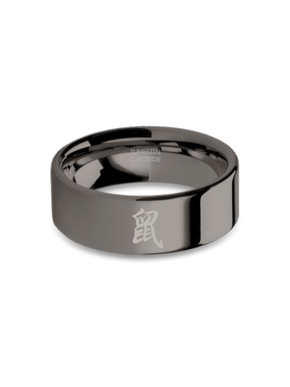 Year of Mouse Zodiac Character Gunmetal Tungsten Ring, Polished, 8mm, Size 14.5