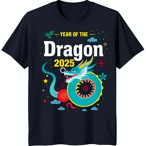 Year of the 2025 T-Shirt Colorful Graphic on Dark Blue Background with Stars & Clouds