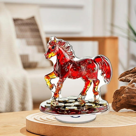 Year of the Horse Acrylic Ornament, 2D Rotatable Red Horse Coin Desktop Decoration for Wealth Vigour Success, Spring Festival Table Office Home Decor