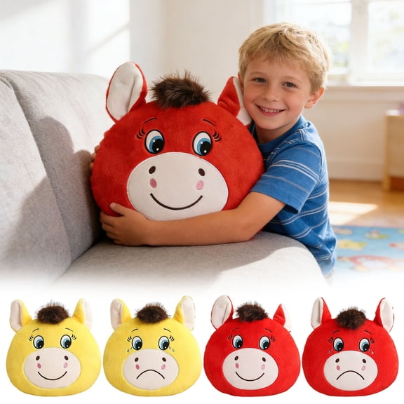 Year of the Horse Throw Pillow Doll Dual Expression Happy Unhappy Plush Decor for Home Sofa Decor(Yellow-Happy)