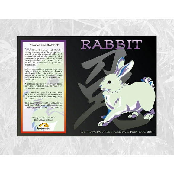 Year of the RABBIT 11" x 14" Poster with Matt Window frame. Asian Oriental Chinese Zodiac Description Dates and Compatibility