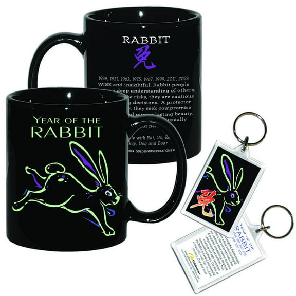 Year of the RABBIT Asian Oriental Chinese Zodiac Horoscope 11 oz Coffee Mug and 2 Keyrings