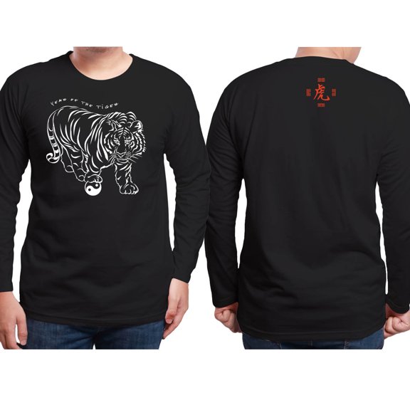 Year of the TIGER Asian Oriental Chinese Zodiac Horoscope sign 100% Cotton BLACK LONG SLEEVE T-SHIRT. Adult X-LARGE