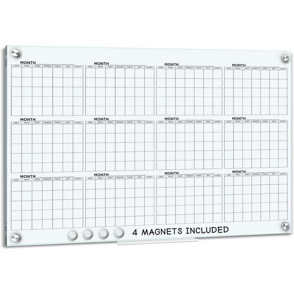 Yearly 24”x36” Glass Magnetic Whiteboard Calendar Planner White Board Calendar Dry Erase Board Dry Erase Calendar for Wall Monthly Glass Calendar Whiteboard Home Office Large Wall Calendar