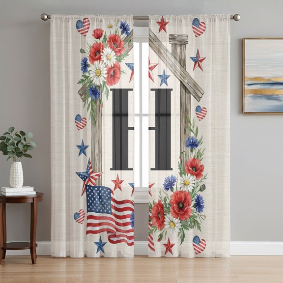 Years Anniversary Semi Sheer Curtains 63 Inch Length 2 Panels Set, USA Patriotic Flag Monogram Letter H Sheer Kitchen Curtain Privacy Voile Window Curtain for Living Room Bedroom Rod Pocket Drapes